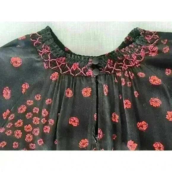 Free People XS Smocked Tunic Mini Dress Black Floral Boho WhimsyGoth Babydoll - Picture 12 of 15